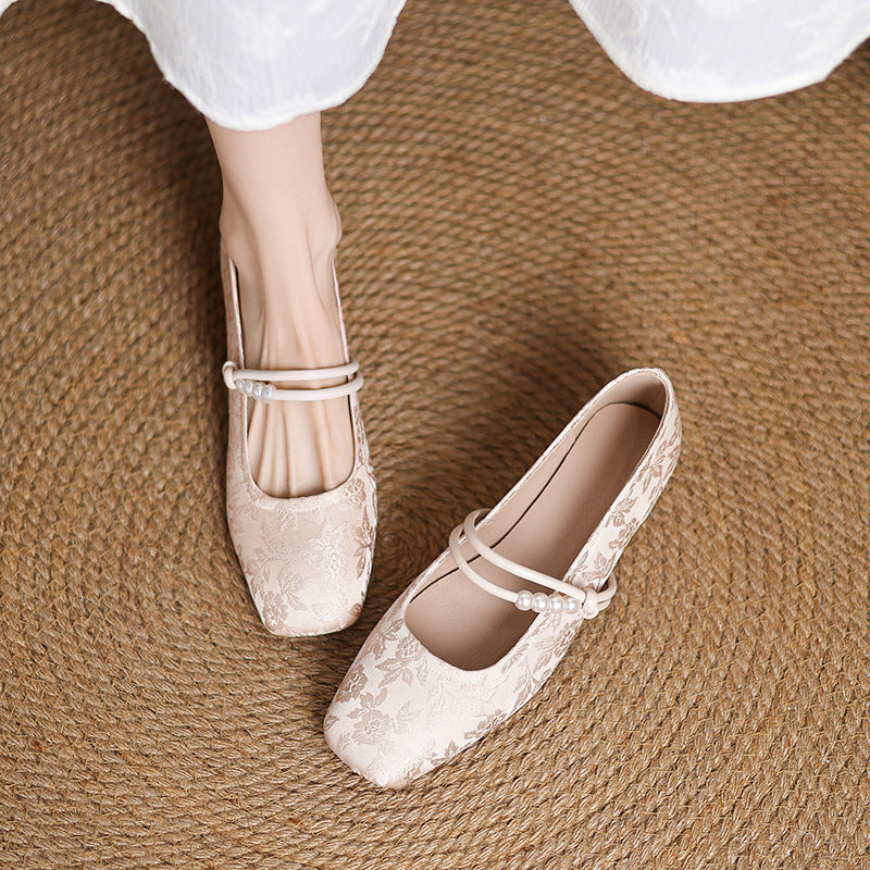 Women's Chinese-Style Satin Square-Toe Slip-On Flats – Beaded Buckle Low-Heel Shoes