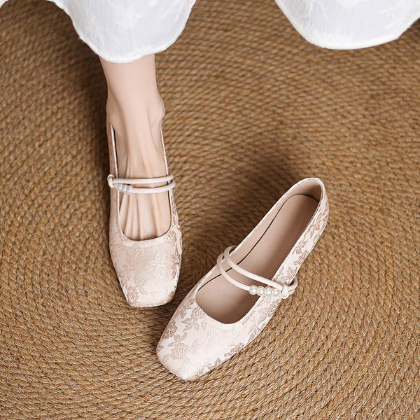 Women's Chinese-Style Satin Square-Toe Slip-On Flats – Beaded Buckle Low-Heel Shoes