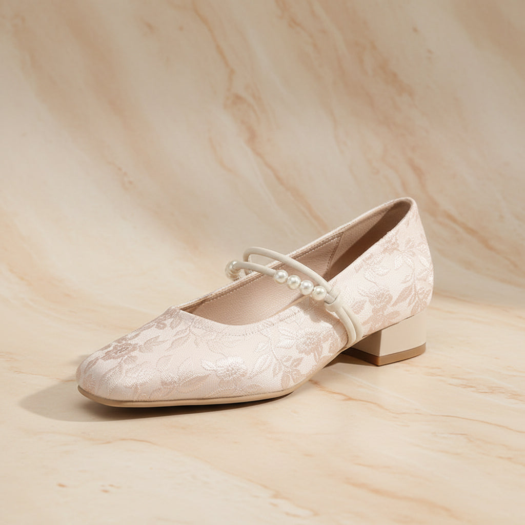 Women's Chinese-Style Satin Square-Toe Slip-On Flats – Beaded Buckle Low-Heel Shoes