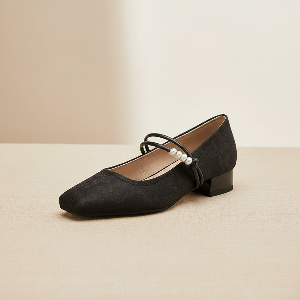 Women's Chinese-Style Satin Square-Toe Slip-On Flats – Beaded Buckle Low-Heel Shoes