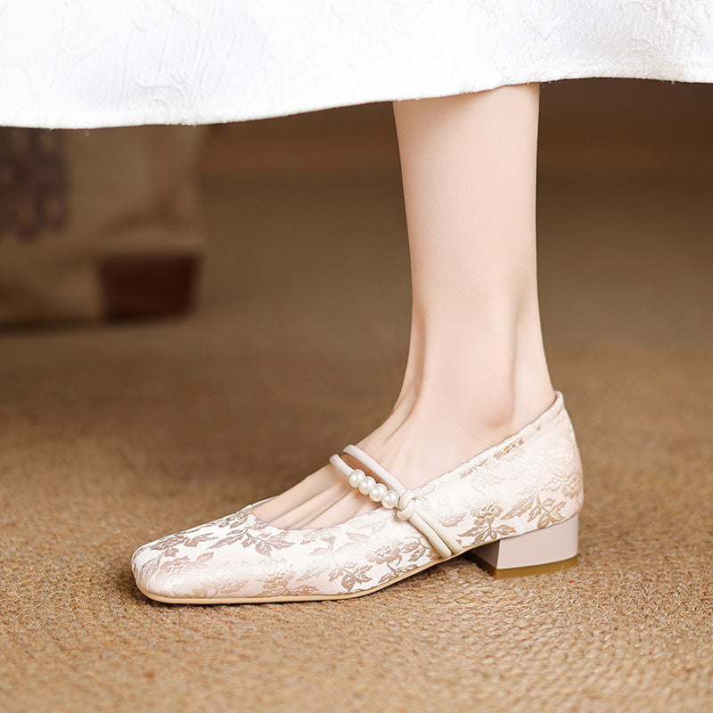 Women's Chinese-Style Satin Square-Toe Slip-On Flats – Beaded Buckle Low-Heel Shoes