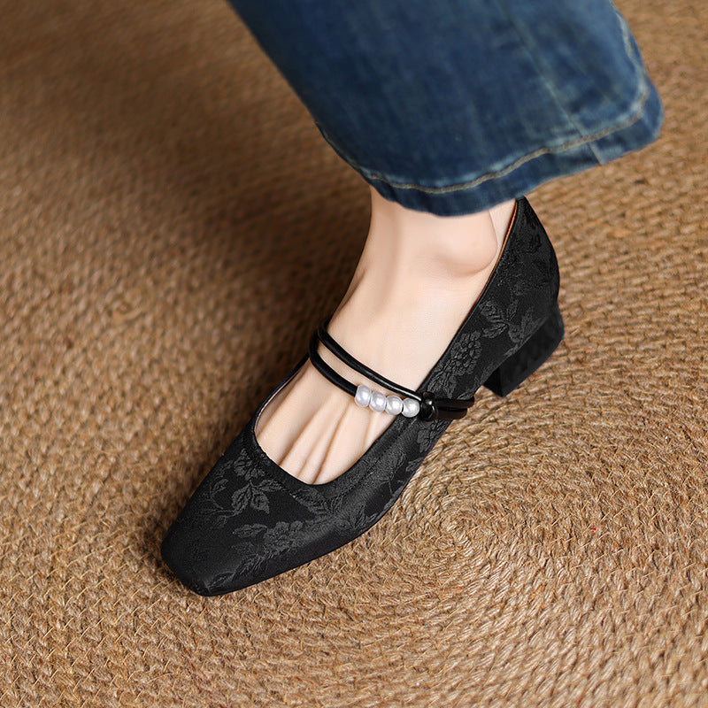 Women's Chinese-Style Satin Square-Toe Slip-On Flats – Beaded Buckle Low-Heel Shoes