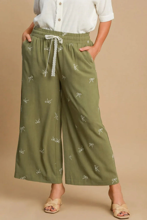 Umgee Full Size Lace Drawstring Embroidered Bow Wide Leg Pants Plus Size