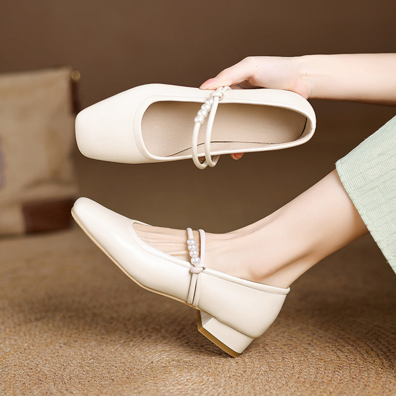 Women's Chinese-Style Satin Square-Toe Slip-On Flats – Beaded Buckle Low-Heel Shoes