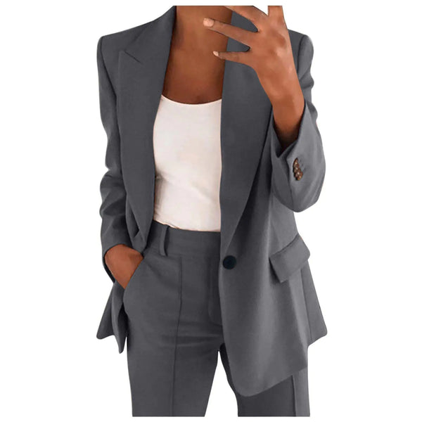 Women’s 2-Piece Business Casual Suit – Dark Gray Blazer & Wide Leg Pants