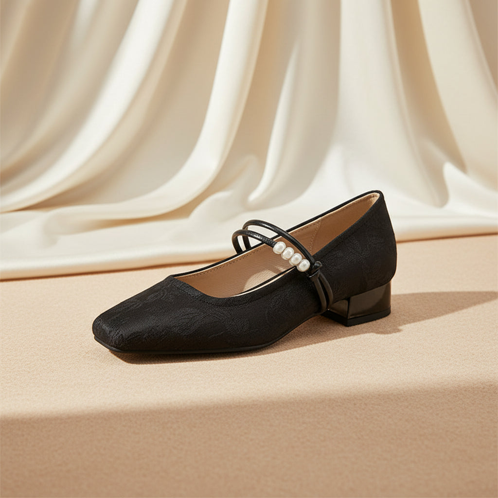 Women's Chinese-Style Satin Square-Toe Slip-On Flats – Beaded Buckle Low-Heel Shoes