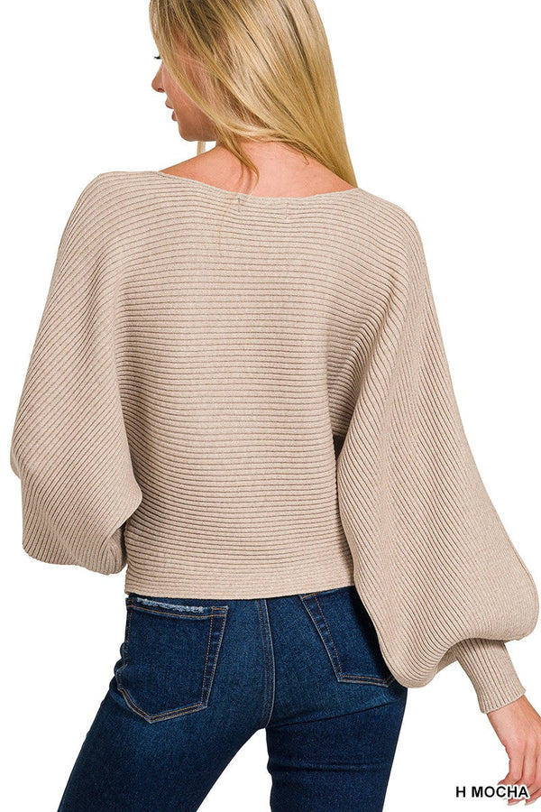Zenana Boat Neck Balloon Sleeve Sweater