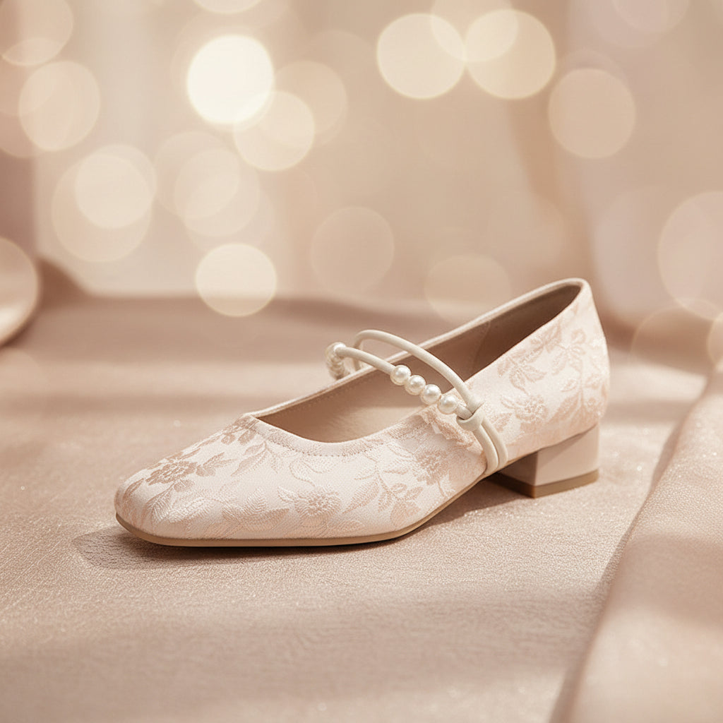 Women's Chinese-Style Satin Square-Toe Slip-On Flats – Beaded Buckle Low-Heel Shoes